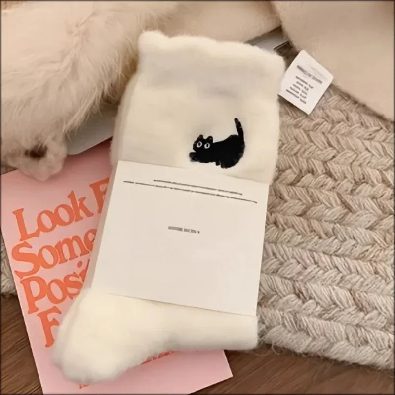3Pairs Premium Feel Cute Cat Cozy Hairy Mink Velvet Socks Autumn Winter Hosiery Thickened Plush Warm Sleep Home Fluffy Socks