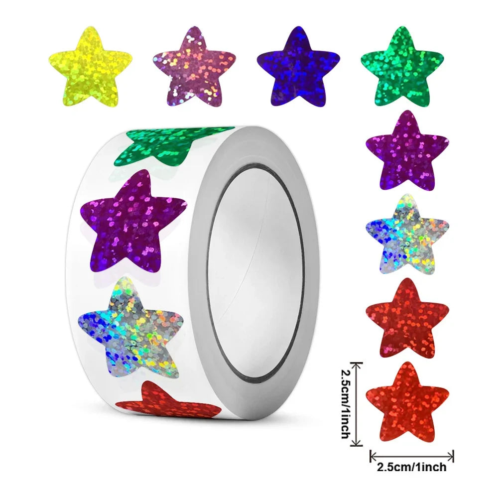 500/1000pcs Colorful Star Adhesive Holographic Star Stickers Zoo Farm Scrapbook Sticker Roll Labels  For Kids DIY Gift Toys