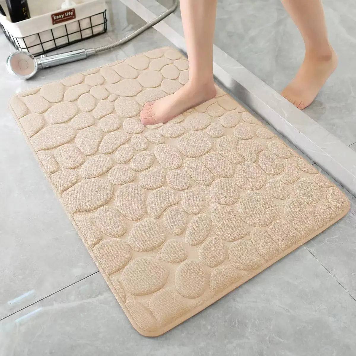 3D Non-Slip Bathroom Mat – Absorbent Cobblestone Embossed Bath & Door Floor Mat, Machine Washable & Quick Drying