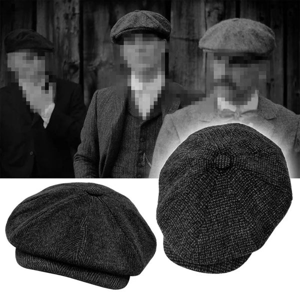 Retro Men’s Newsboy Cap – Classic Herringbone Octagonal Hat, British Style Flat Cap for Autumn & Winter, Vintage Painter Beret