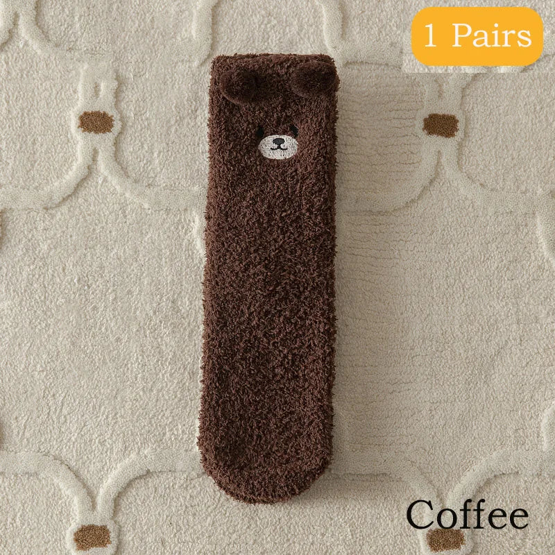 2 Pairs Cute Socks Bear Women Coral Velvet Thick Plush Warm Socks Sleep Fluffy Socks Cute Cartoon Lovely Floor Fuzzy Sock Winter