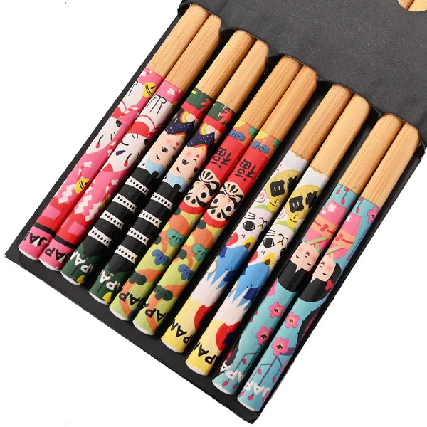 Eco-Friendly Reusable Bamboo Chopsticks Set – 5 Pairs Handmade Japanese Wooden Tableware for Sushi & Everyday Dining