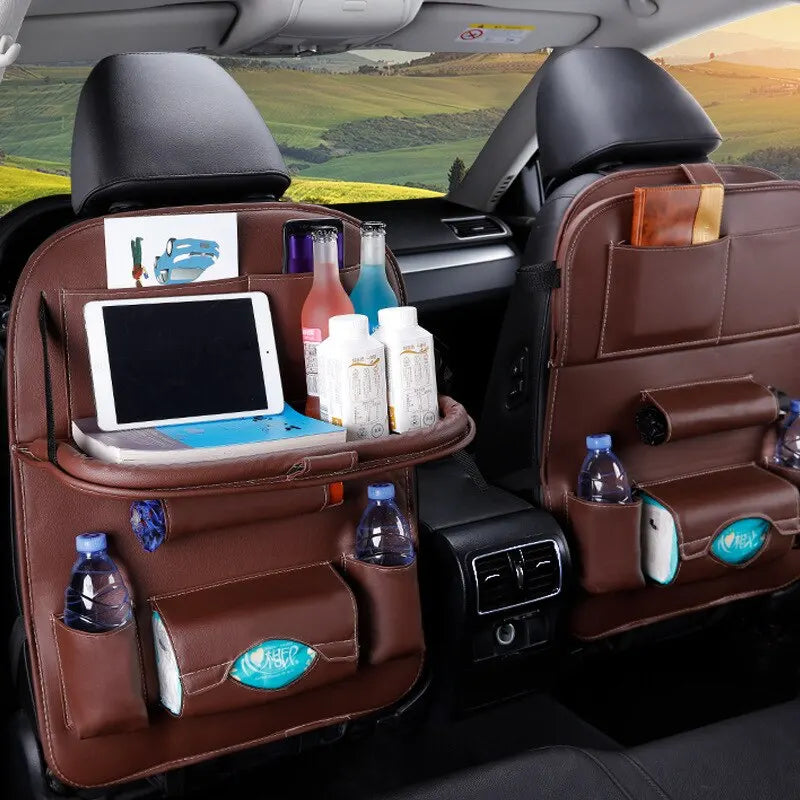 Car Seat Back Organizer with Foldable Table Tray – PU Leather Storage with Multiple Pockets & Kick Mats, Car Interior Accessories