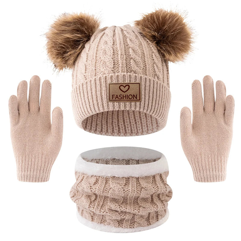 3pc 2-12Y Autumn and Winter Children's Hats and neck Gloves Set, cute, comfortable and warm, hats for boys and girls