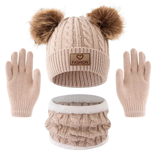 3pc 2-12Y Autumn and Winter Children's Hats and neck Gloves Set, cute, comfortable and warm, hats for boys and girls