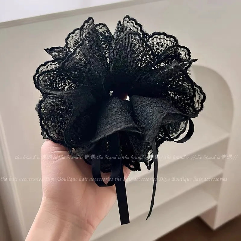Korean Fashion Dot Satin Scrunchies – Big Elastic Silk Hair Bands for Women & Girls, Black & White