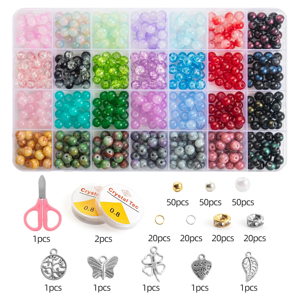 Glass Beads Bracelet Making Kit – 28 Colors 8mm Crystal & Gemstone Beads with DIY Jewelry Accessories