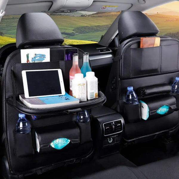 Car Seat Back Organizer with Foldable Table Tray – PU Leather Storage with Multiple Pockets & Kick Mats, Car Interior Accessories