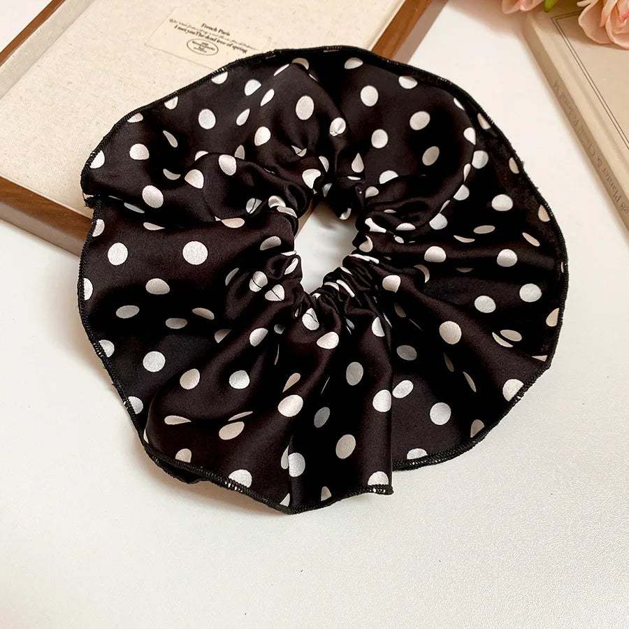 1/3PCS Polka Dot Satin Scrunchies – Large Ruffled Hair Bands for Women, Black & White Elegant Hair Ties