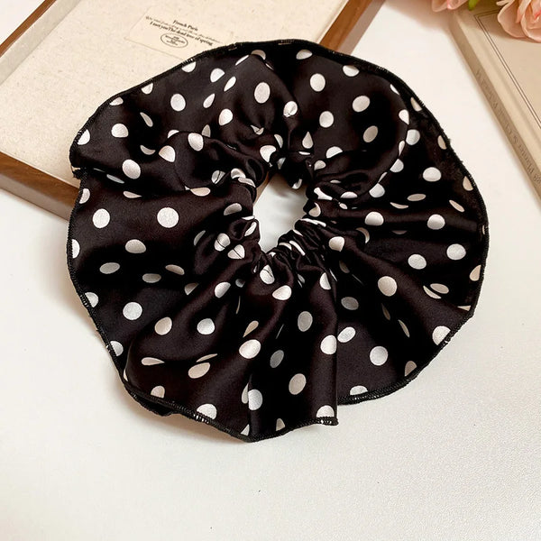 1/3PCS Polka Dot Satin Scrunchies – Large Ruffled Hair Bands for Women, Black & White Elegant Hair Ties