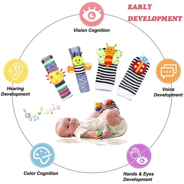 4Pcs Baby Toy 0-12 Months Baby Rattles Toys Animal Socks Wrist Strap + Rattle Baby Foot Socks Bug Wrist Strap Baby Socks New