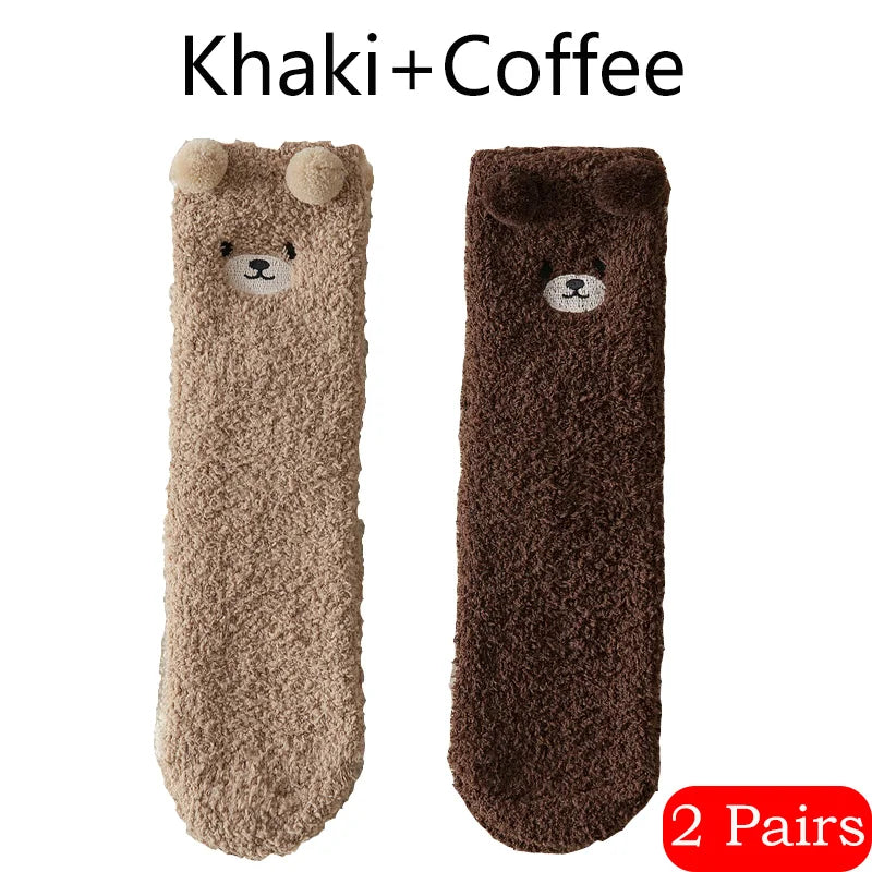 2 Pairs Cute Socks Bear Women Coral Velvet Thick Plush Warm Socks Sleep Fluffy Socks Cute Cartoon Lovely Floor Fuzzy Sock Winter