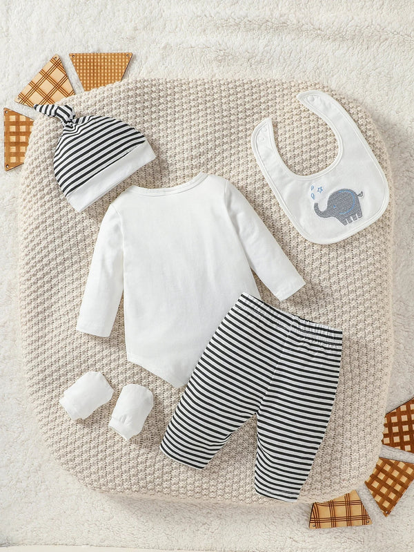 4Pcs Baby Boy's all seasons Full Cartoon Elephant Streetwear Fashion Pantsuit +Hat +Gloves+Bib
