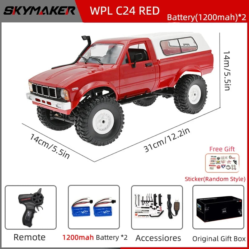 WPL C24-1 Full Scale RC Car 1:16 2.4G 4WD Rock Crawler Electric Buggy Climbing Truck LED Light On-road 1/16 For Kids Gifts Toys