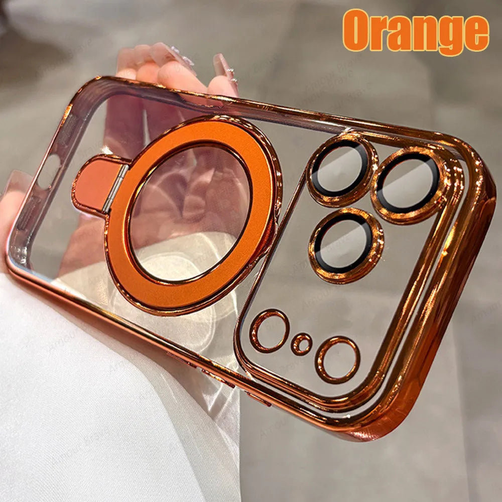 Luxury MagSafe Bracket Case for iPhone 16 & 17 – Clear Acrylic with Magnetic Ring Stand