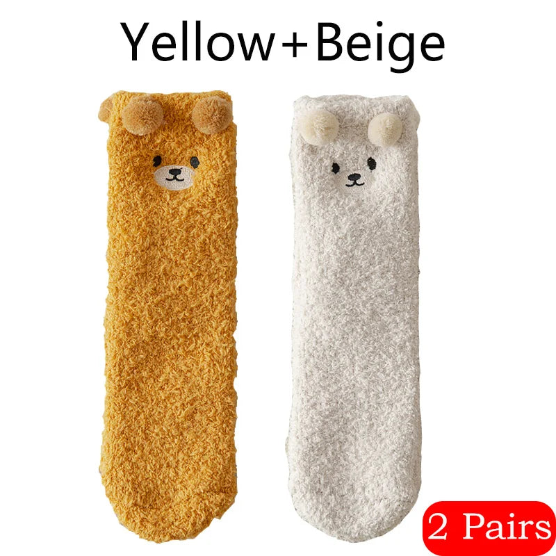 2 Pairs Cute Socks Bear Women Coral Velvet Thick Plush Warm Socks Sleep Fluffy Socks Cute Cartoon Lovely Floor Fuzzy Sock Winter