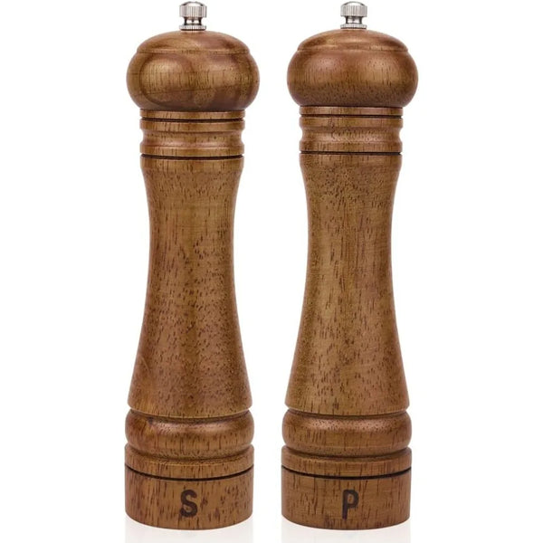 2PCS Wooden Salt & Pepper Grinder Set – 8 Inch Adjustable Ceramic Rotor Mill Shakers | Manual Kitchen Spice Grinder for Cooking & Dining