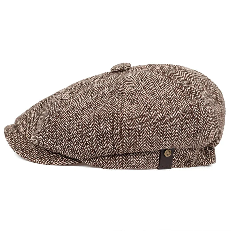 Retro Men’s Newsboy Cap – Classic Herringbone Octagonal Hat, British Style Flat Cap for Autumn & Winter, Vintage Painter Beret