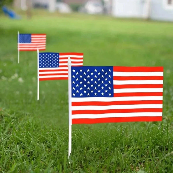 50pc USA Stick Flag, American US 14x21cm HandHeld Mini Flag ensign 30cm Pole United States Hand Held Stick Flags banner In Stock