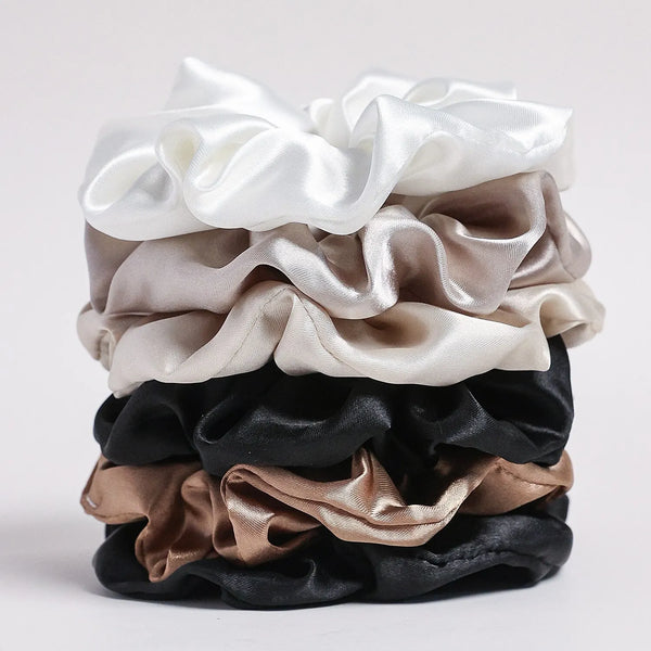 6-Piece Large Satin Scrunchies for Women – Pure Color Silk Hair Ties Set | Soft, Gentle & Stylish Ponytail Holders for Daily Wear
