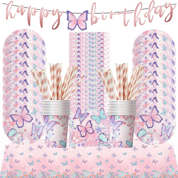 Butterfly Fairy Birthday Party Tableware Set – Pink Disposable Plates, Cups, Napkins & Tablecloth | Girls Party Decorations & Supplies