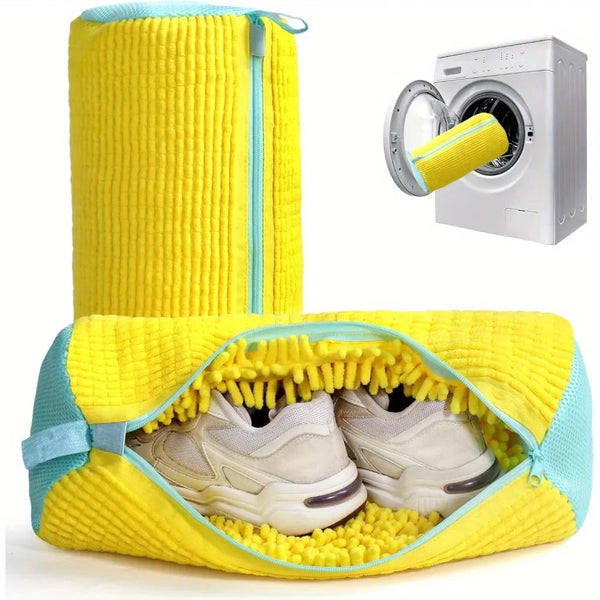 Durable Shoe Washing Machine Bag – Yellow with Blue Zipper, Ideal for Sneakers & Casual Shoes, Laundry Wash Bag for All Shoe Types