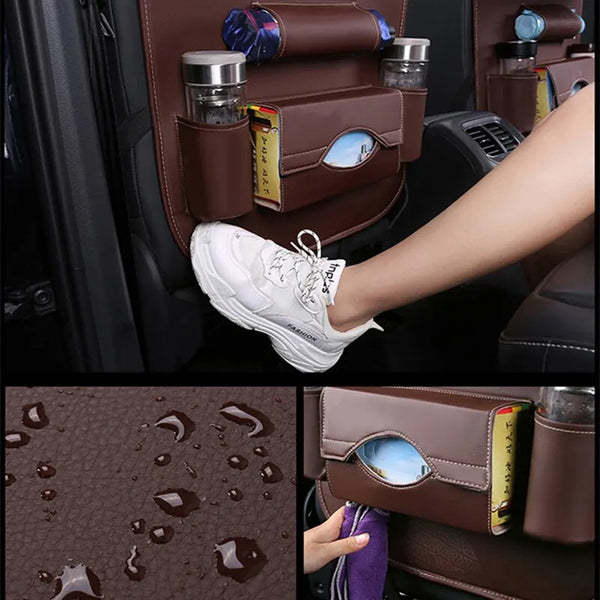 Car Seat Back Organizer with Foldable Table Tray – PU Leather Storage with Multiple Pockets & Kick Mats, Car Interior Accessories