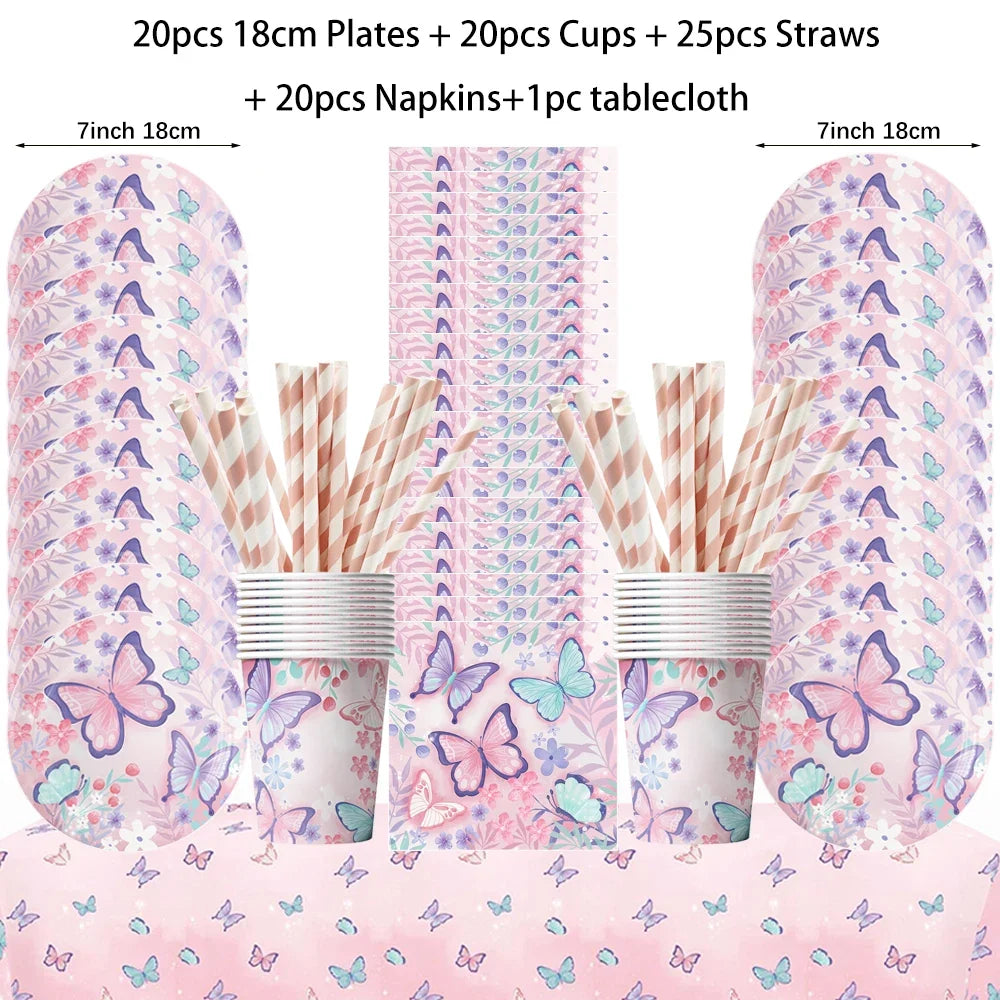 Butterfly Fairy Birthday Party Tableware Set – Pink Disposable Plates, Cups, Napkins & Tablecloth | Girls Party Decorations & Supplies