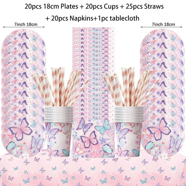 Butterfly Fairy Birthday Party Tableware Set – Pink Disposable Plates, Cups, Napkins & Tablecloth | Girls Party Decorations & Supplies