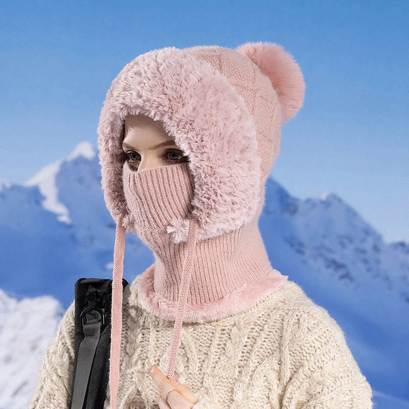 Women Winter Velvet Knitted Woolen Balaclava Hat Ear Protection fluffy Hat Mask Neck Integrated Warmth Cover Hat lady hooded cap