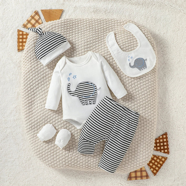 4Pcs Baby Boy's all seasons Full Cartoon Elephant Streetwear Fashion Pantsuit +Hat +Gloves+Bib