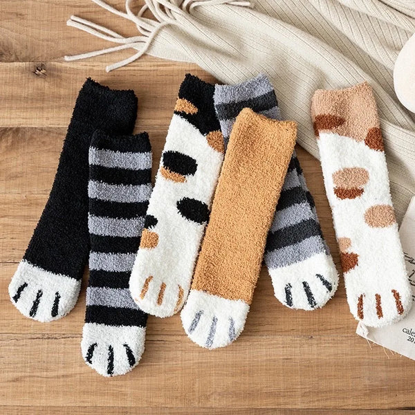 Women Socks Winter Warm Fluffy Socks Cute Animal Claw Cat Paw Footprint Fuzzy Socks Thicken Coral Fleece Home Floor Sleep Socks