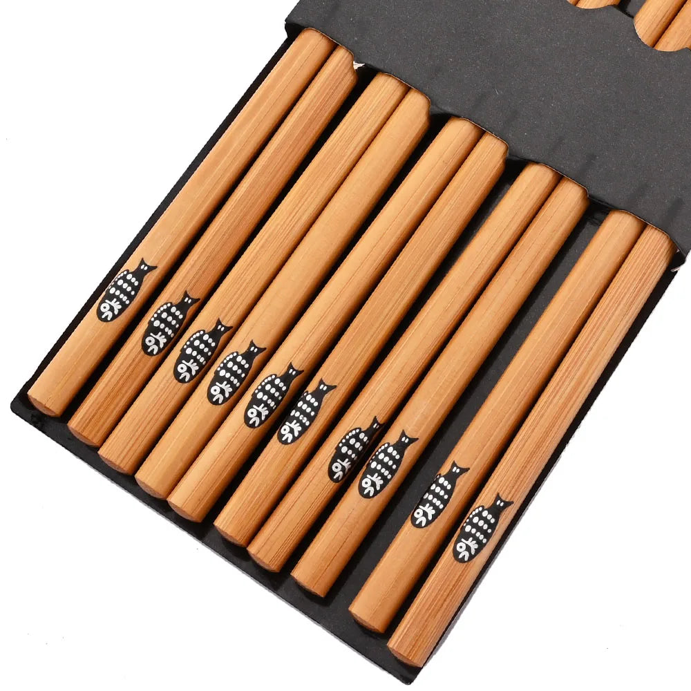 Eco-Friendly Reusable Bamboo Chopsticks Set – 5 Pairs Handmade Japanese Wooden Tableware for Sushi & Everyday Dining