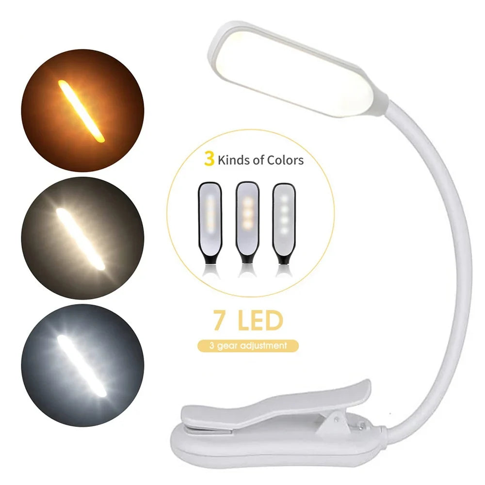 Book Light Mini 7 LED Reading Light Rechargeable 3-Level Warm Cool White Flexible Easy Clip Lamp Read Night Reading Lamp in Bed