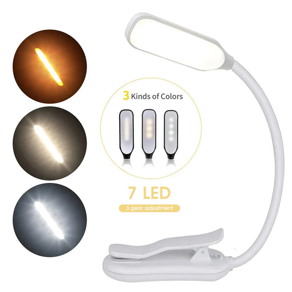 Book Light Mini 7 LED Reading Light Rechargeable 3-Level Warm Cool White Flexible Easy Clip Lamp Read Night Reading Lamp in Bed
