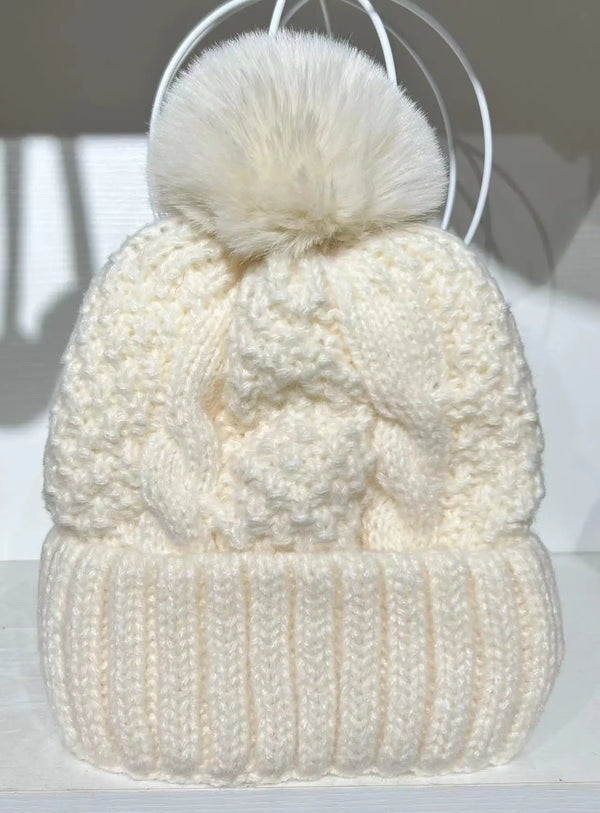New Winter Twist Knitting Hat For Women Fur Pompom Thick Plush Cap Beanie Solid Color Ladies Warm Ski Snow Skullies Beanies