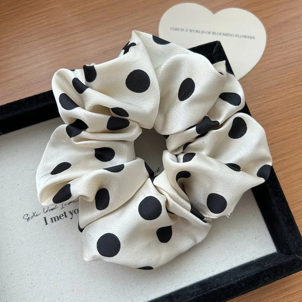 Korean Fashion Dot Satin Scrunchies – Big Elastic Silk Hair Bands for Women & Girls, Black & White