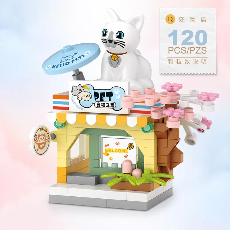 NEW Restaurant Dessert Coffee Pet Fruit Store Street View Food House Building Blocks Kit Girls Bricks Model Kids Toy Children