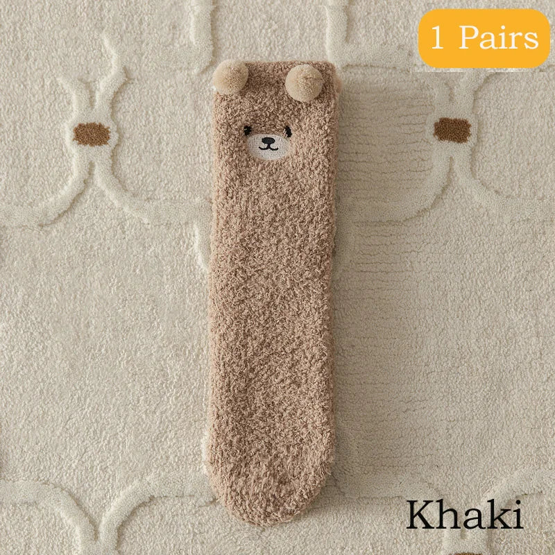 2 Pairs Cute Socks Bear Women Coral Velvet Thick Plush Warm Socks Sleep Fluffy Socks Cute Cartoon Lovely Floor Fuzzy Sock Winter