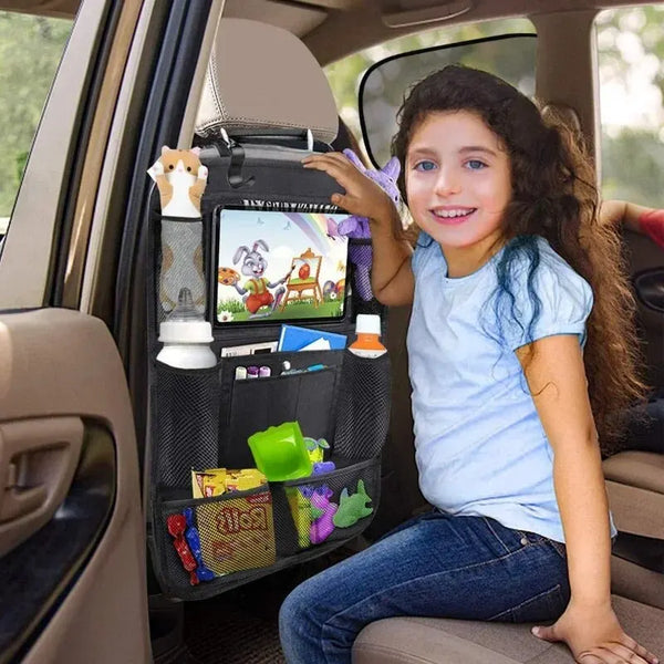 Multifunctional Car Seat Organizer – Oxford Fabric Backseat Storage Bag with Tablet Holder & Multi-Pockets for Kids