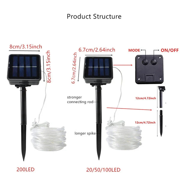 100LED Solar Tube String Light 8 Kinds Of Waterproof Outdoor Led Warm White Copper Wire Light For 2024 Garden Decorative Lights