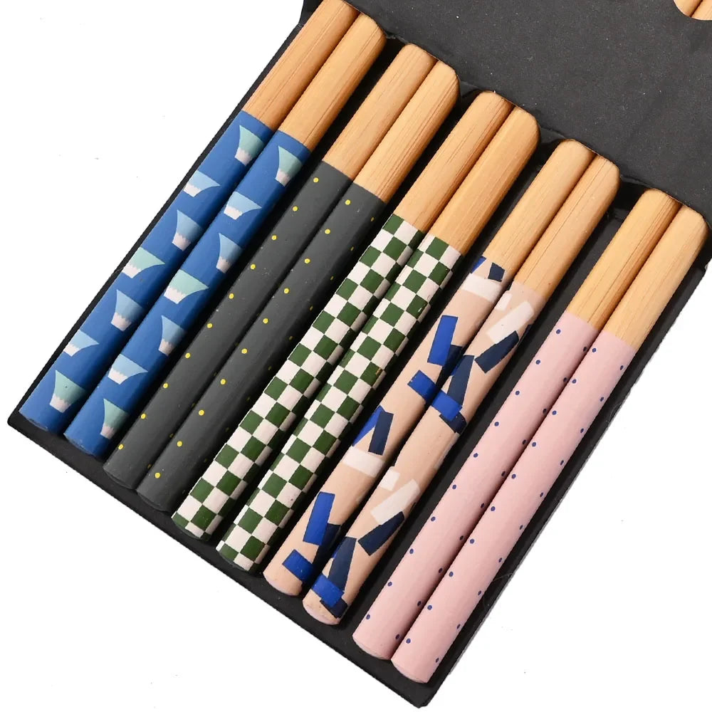 Eco-Friendly Reusable Bamboo Chopsticks Set – 5 Pairs Handmade Japanese Wooden Tableware for Sushi & Everyday Dining
