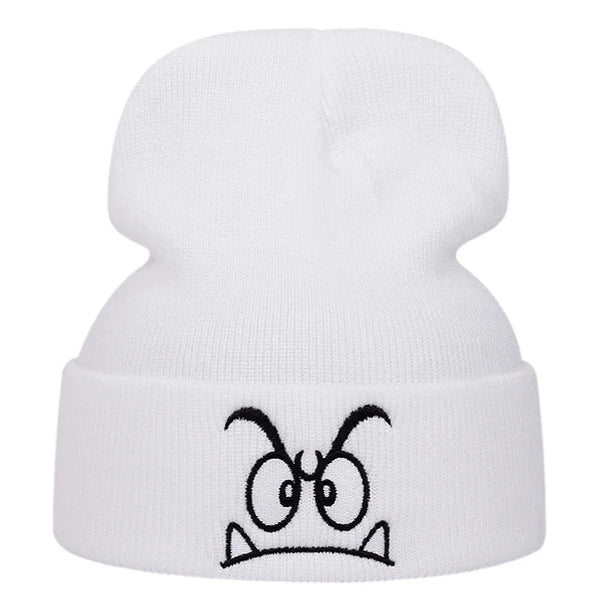 Angry expression embroidered knitted hat, warm woolen hat for men's and women'soutdoor sports events in autumn and winter