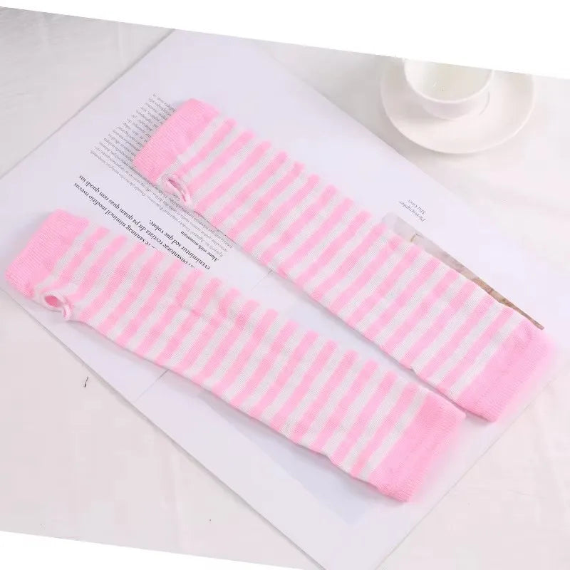 Punk Stripe Fingerless Gloves for Women & Men – Long Knitted Arm Warmers, Elastic Winter Cuffs, Hip-Hop Elbow Mittens for Outdoor & Streetwear