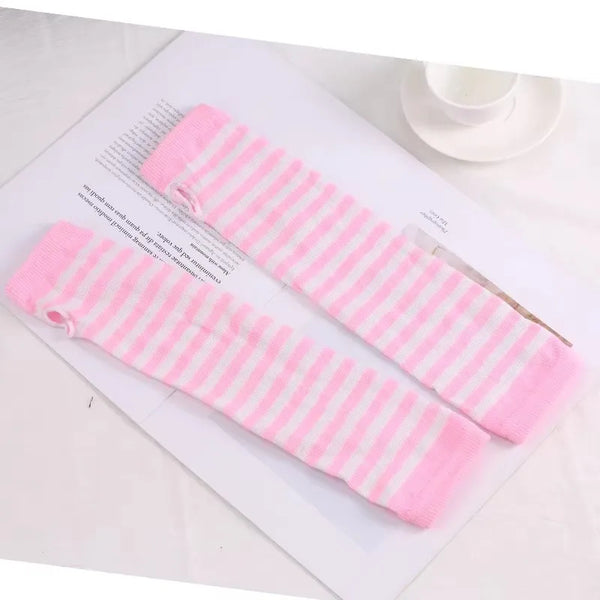 Punk Stripe Fingerless Gloves for Women & Men – Long Knitted Arm Warmers, Elastic Winter Cuffs, Hip-Hop Elbow Mittens for Outdoor & Streetwear