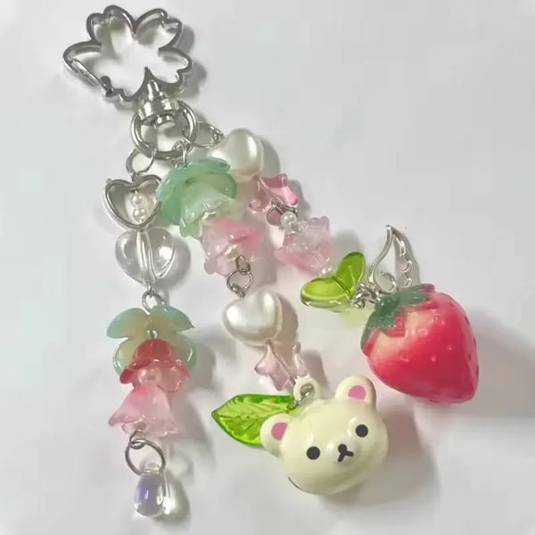 Cute Strawberry Bow Keychain Y2K Coquettish Fairytale Lily of the Valley Handbag Pendant Key Ring Jewelry Accessories Girls Gift