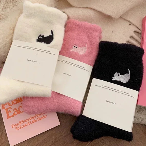 3Pairs Premium Feel Cute Cat Cozy Hairy Mink Velvet Socks Autumn Winter Hosiery Thickened Plush Warm Sleep Home Fluffy Socks