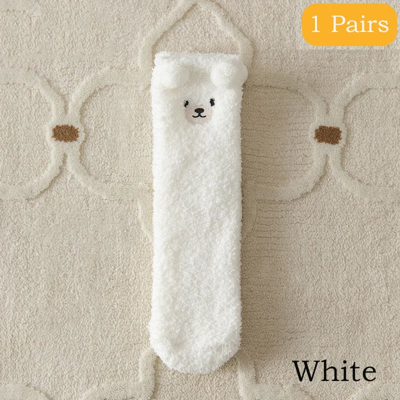 2 Pairs Cute Socks Bear Women Coral Velvet Thick Plush Warm Socks Sleep Fluffy Socks Cute Cartoon Lovely Floor Fuzzy Sock Winter