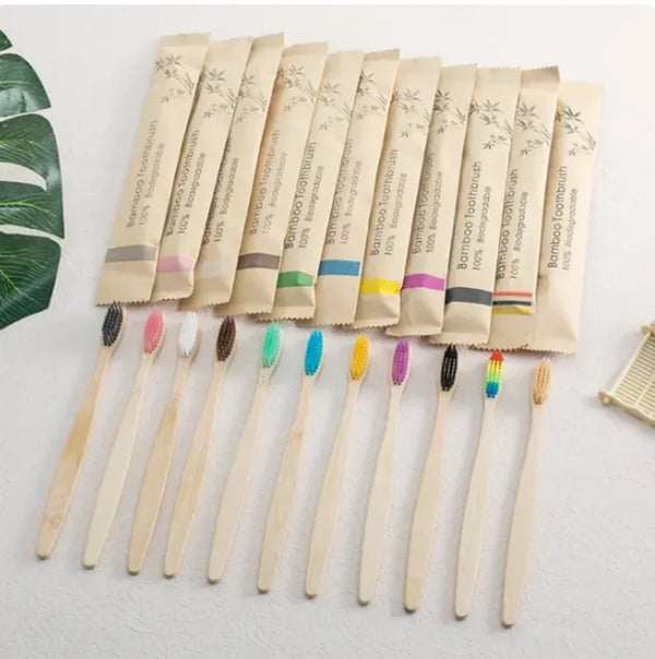 Single Cowhide Wrapped Bamboo Toothbrush Set Natural and Environmentally Friendly Bamboo Toothbrush Tablet One Box of 10 P