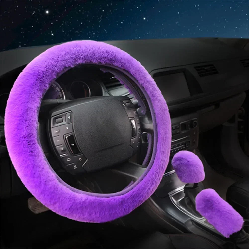 3pcs/Set Fur Fluffy Thick Auto Car Steering Wheel Plush Cover Soft Wool Winter Pink,Blue,Purple,Black For 38cm Steering Wheel
